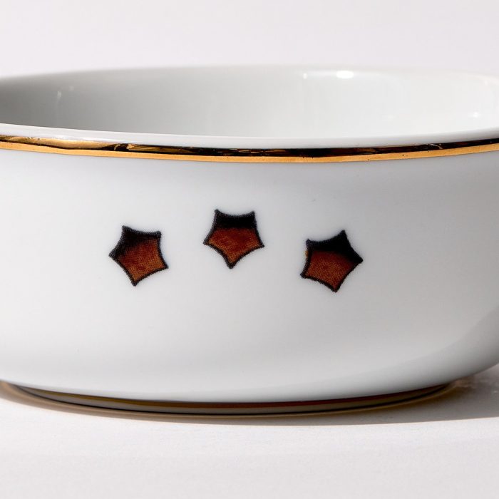 Detail view of back of shaving bowl with illustration of vintage stylized American flag stars