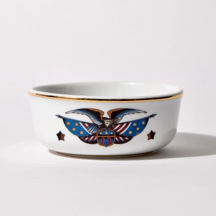 Porcelain shaving bowl with vintage-style eagle and American flag illustration, gold trim