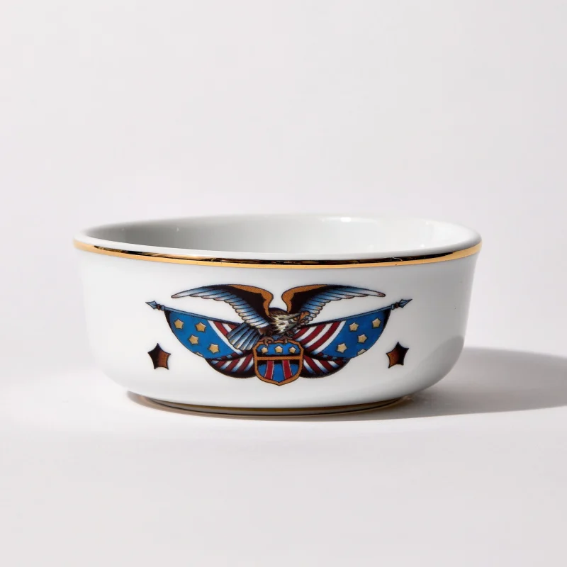 Porcelain shaving bowl with vintage-style eagle and American flag illustration, gold trim