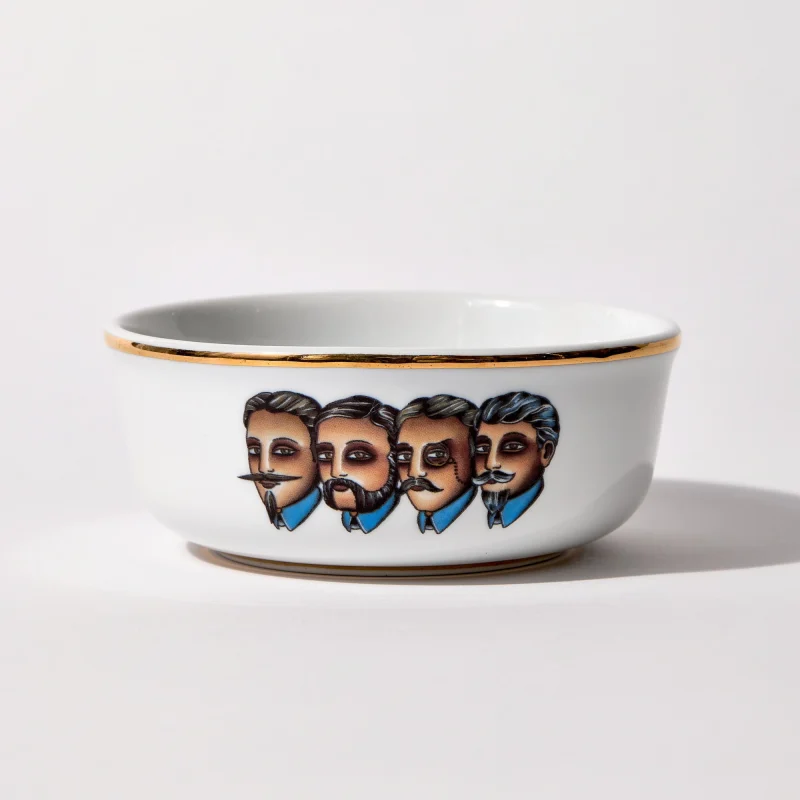 Porcelain shaving bowl with illustration of Victorian-era gentlemen portraits, gold trim