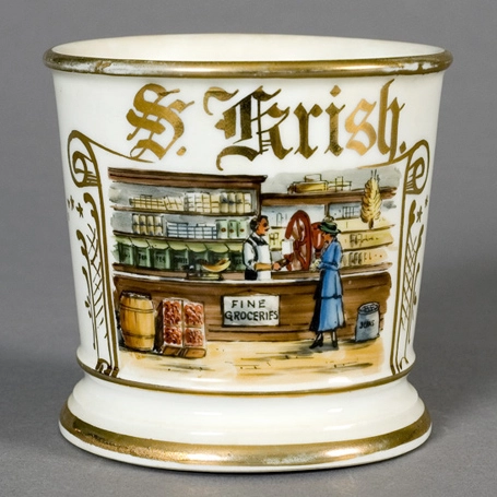 Antique occupational shaving mug decorated with hand-painted artwork and gold lettering